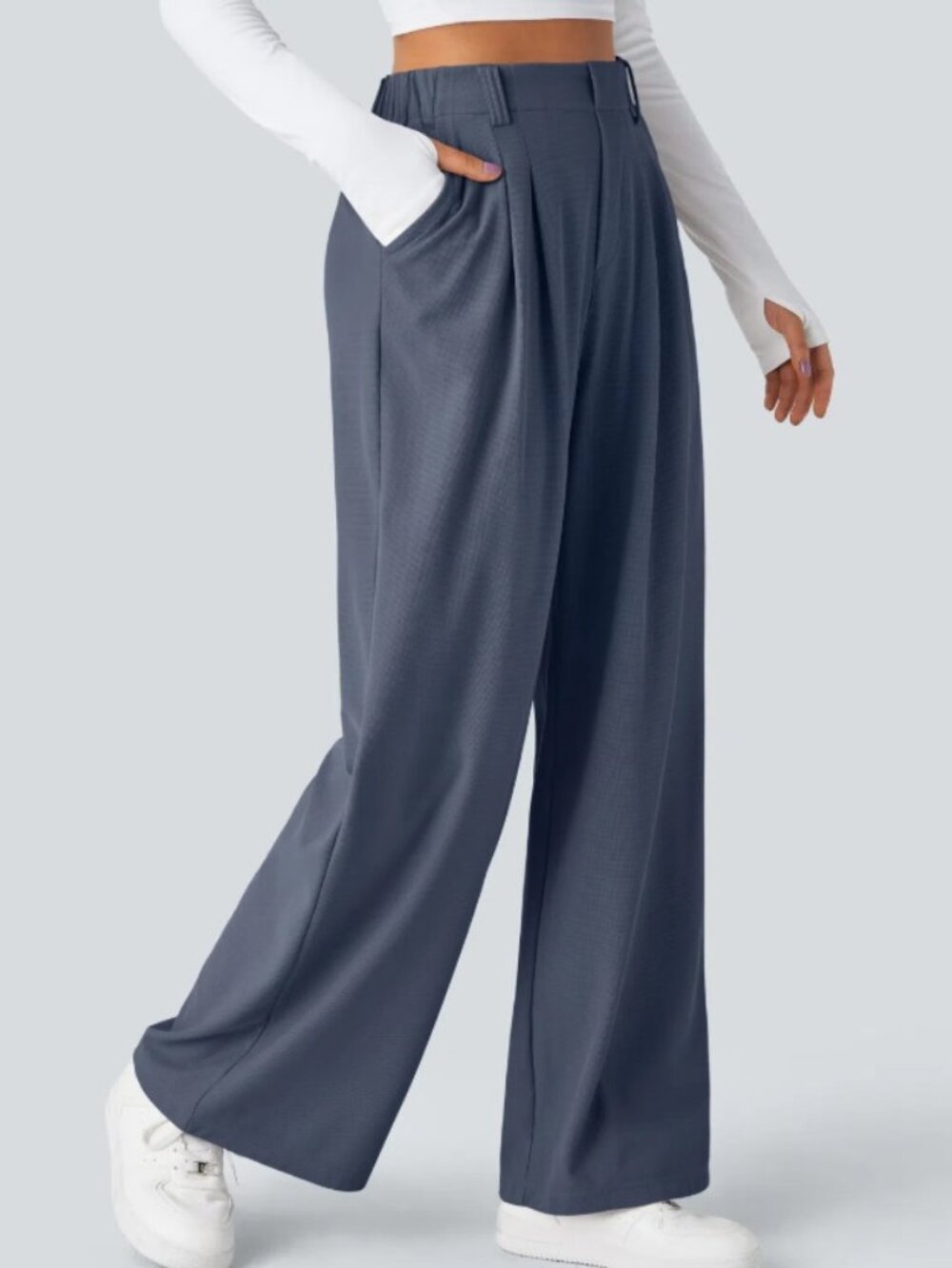 Halara Flex High Waisted Pocket Wide Leg Waffle Work Pants Womens Grey S Tall